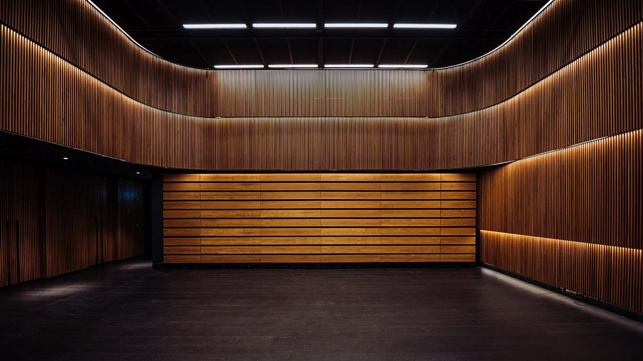 Interior del auditorio del museo con paredes de lamas de madera acústicas e iluminación arquitectónica integrada.
