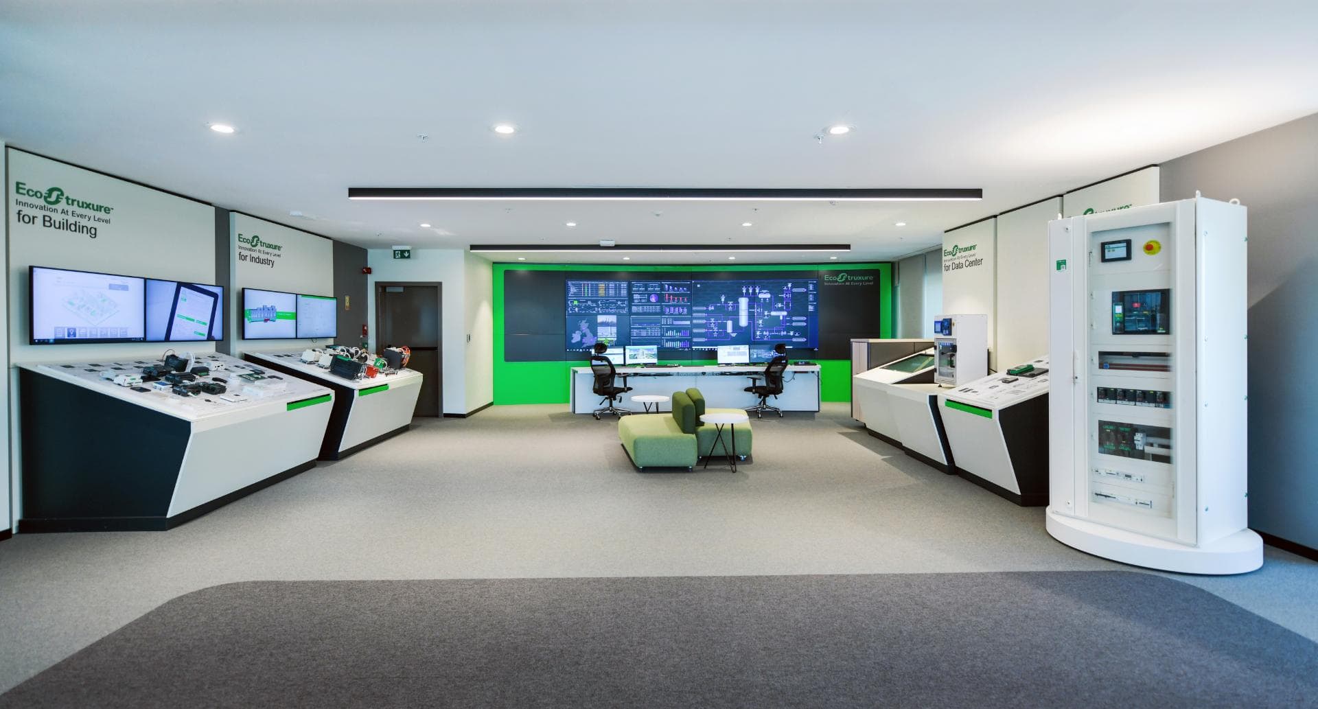 Schneider Electric EcoStruxure Innovation Center, full showroom panoramic view. Corporate technology photography by TKM Photo.