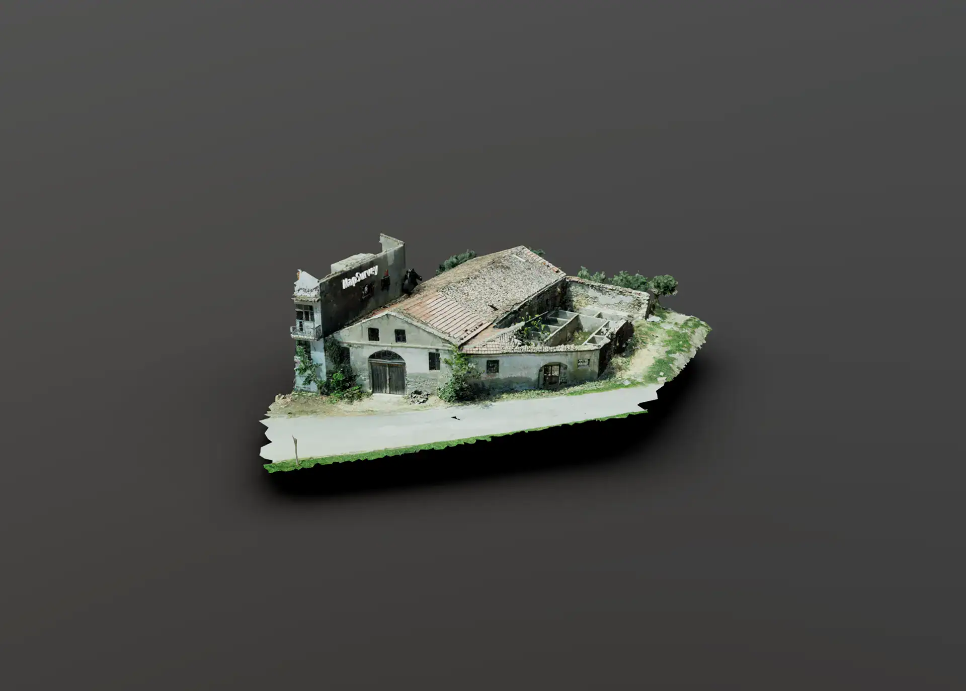 3D photogrammetry model of a historic stone building complex with a pitched tiled roof, reconstructed as a textured mesh on a neutral grey background.