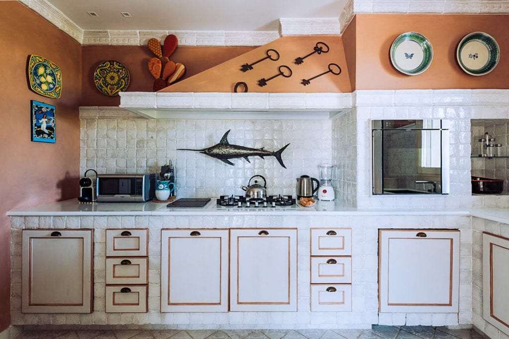 Fish mounted on wall in kitchen with cabinets and decorative dishes on wall.