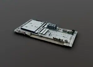 Aerial photograph of an industrial warehouse in Madrid, showcasing the building's layout, surrounding infrastructure, and urban environment, captured by TKM Photo.