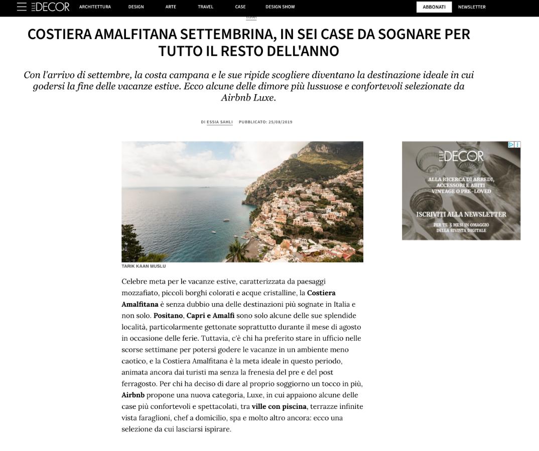 ELLE DÉCOR Italia magazine spread featuring photography by TARIK KAAN MUSLU, Amalfi Coast villas.