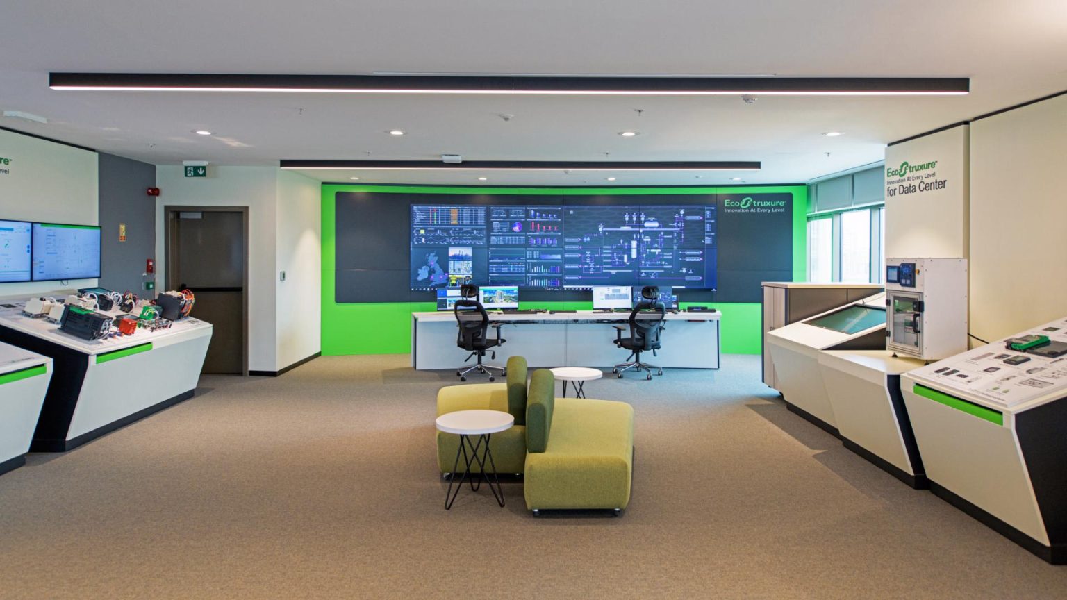 Modern Airport Operations Center Schneider Electric EcoStruxure data center experience center interior. Industrial technology photography by TKM Photo.