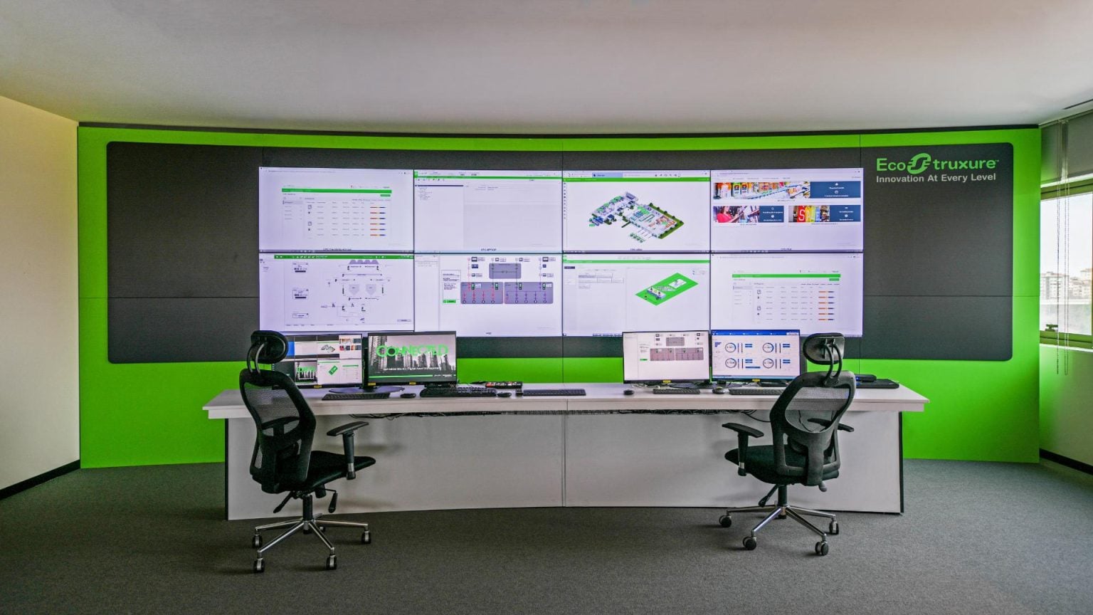 Smart Office Control Room with Multiple Screens and Workstations Interior view of a modern control room featuring multiple large screens displaying data and analytics, with two ergonomic chairs and a sleek white desk, in a professional corporate environment.