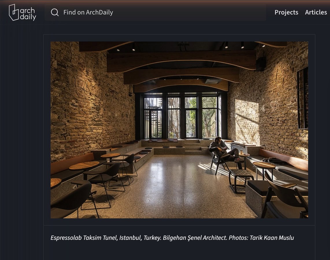 ArchDaily PANDOMO product catalog page showing Espressolab Taksim Tunel with photography credited to Tarik Kaan Muslu.